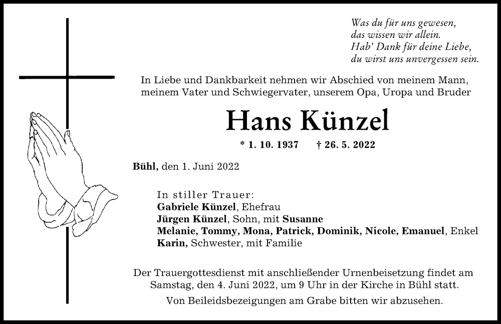 Traueranzeige von Hans Künzel von Günzburger Zeitung