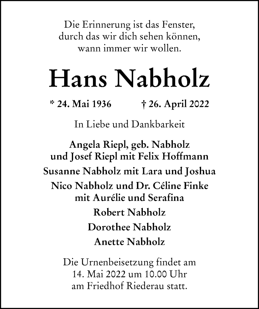  Traueranzeige für Hans Nabholz vom 06.05.2022 aus Ammersee Kurier