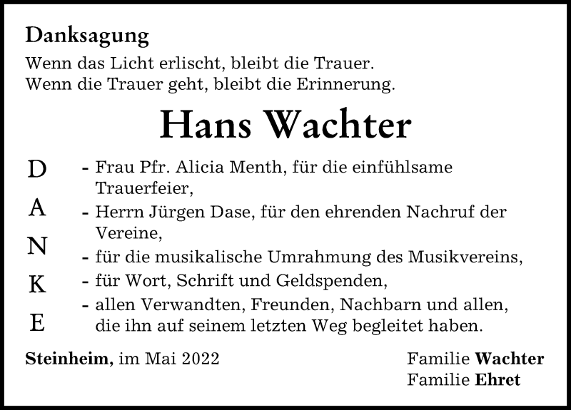 Traueranzeige von Hans Wachter von Neu-Ulmer Zeitung