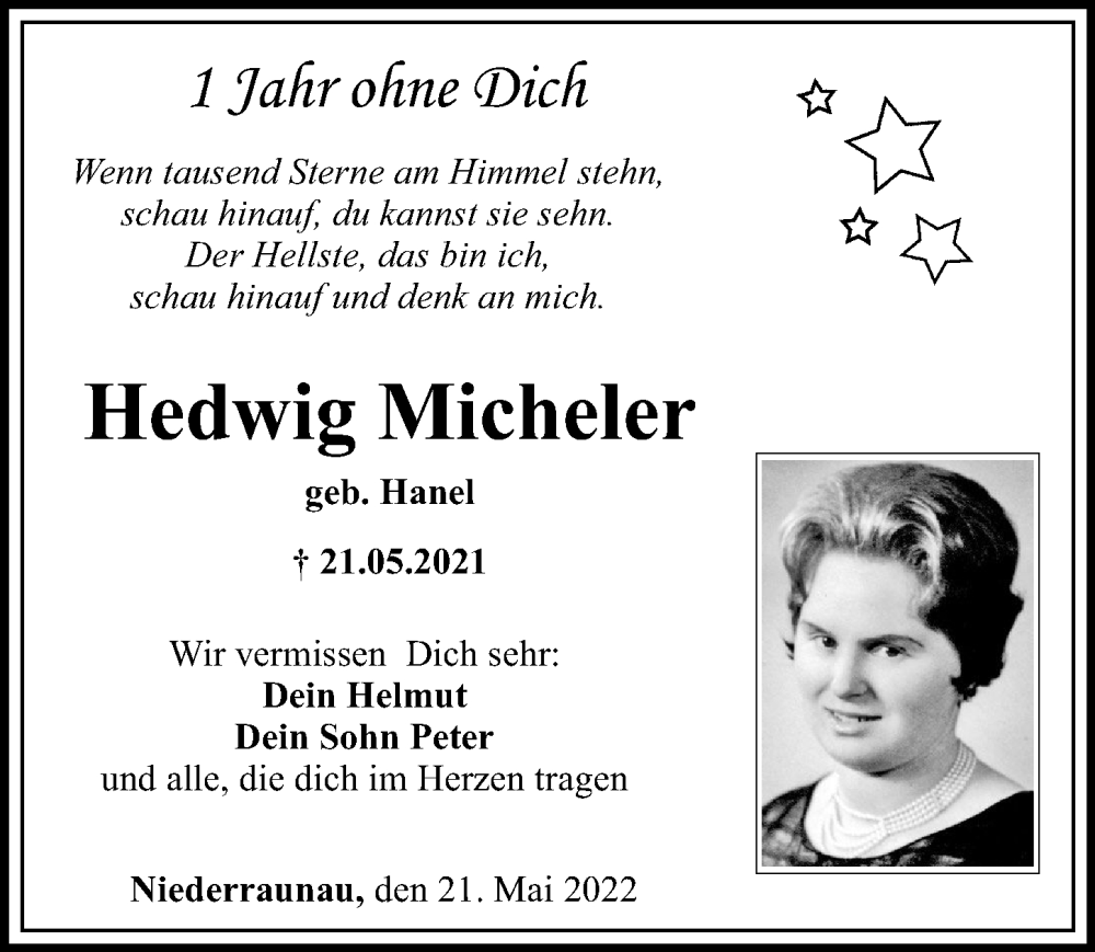 Traueranzeige von Hedwig Micheler von Mittelschwäbische Nachrichten