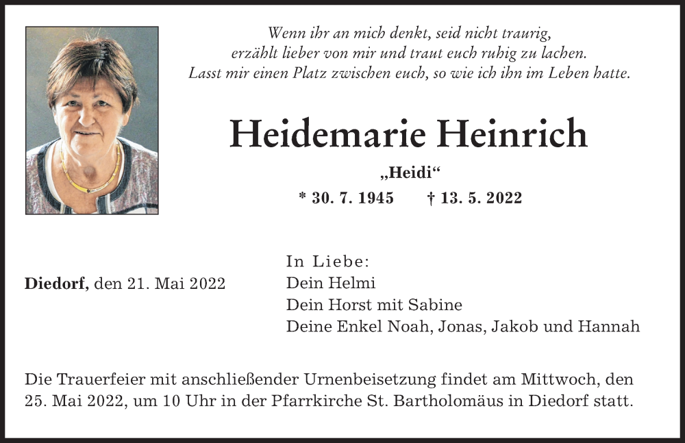 Traueranzeige von Heidemarie Heinrich von Augsburger Allgemeine