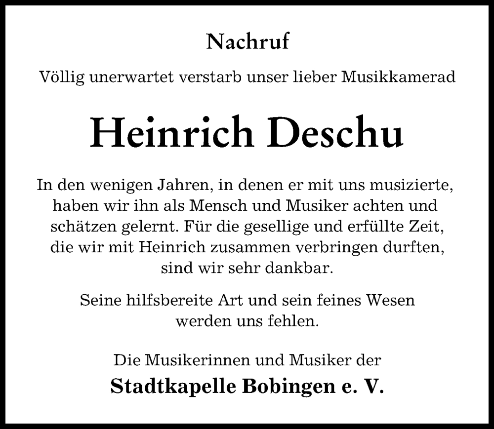 Traueranzeige von Heinrich Deschu von Schwabmünchner Allgemeine