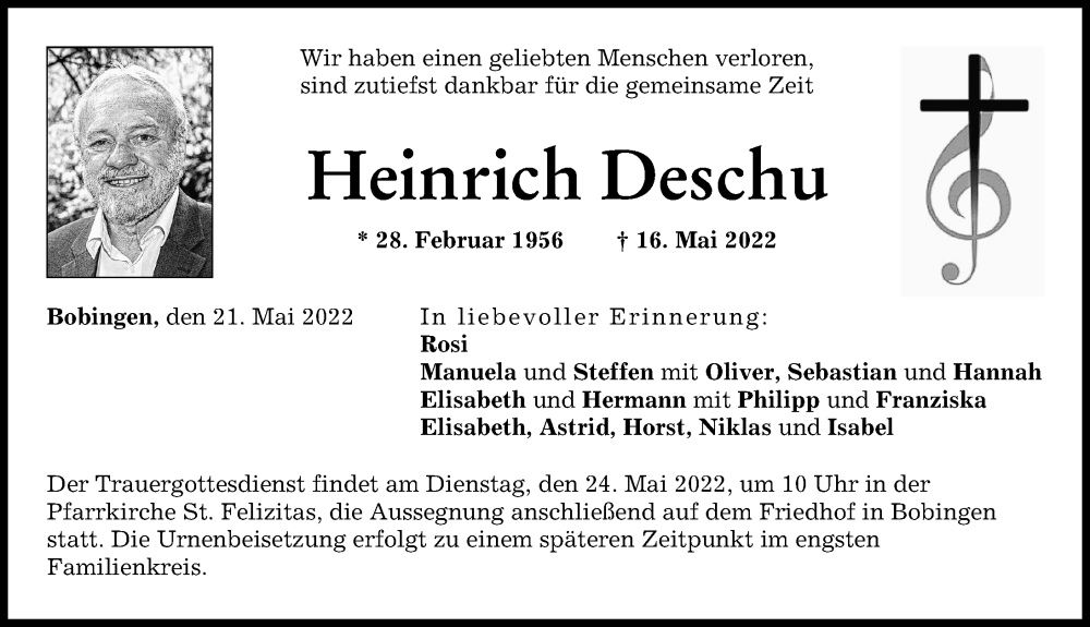 Traueranzeige von Heinrich Deschu von Schwabmünchner Allgemeine, Augsburger Allgemeine