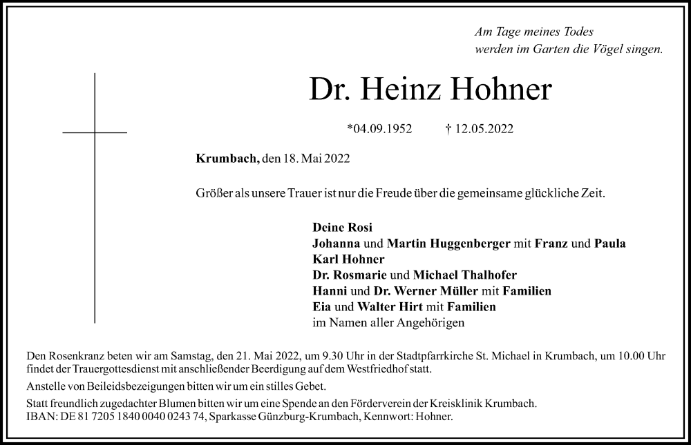 Traueranzeige von Heinz Hohner von Mittelschwäbische Nachrichten