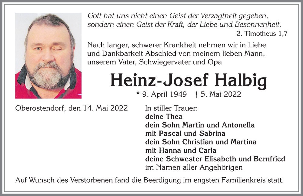 Traueranzeige von Heinz-Josef Halbig von Mindelheimer Zeitung