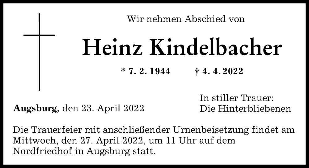 Traueranzeige von Heinz Kindelbacher von Augsburger Allgemeine