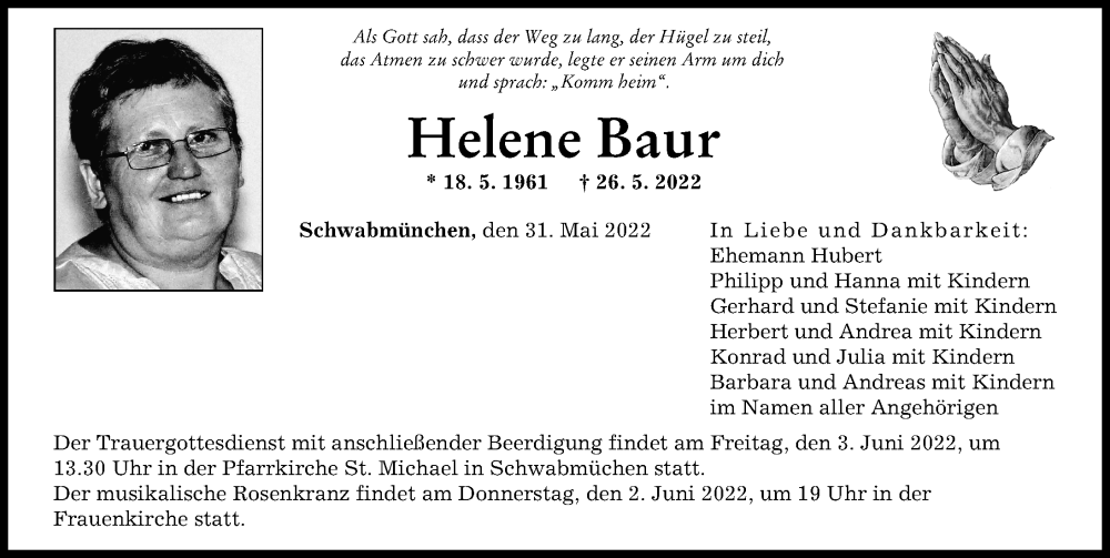 Traueranzeige von Helene Baur von Augsburger Allgemeine