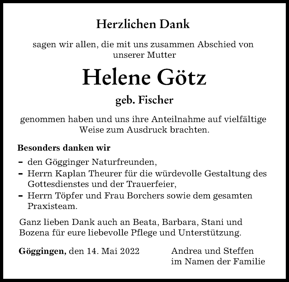 Traueranzeige von Helene Götz von Augsburger Allgemeine