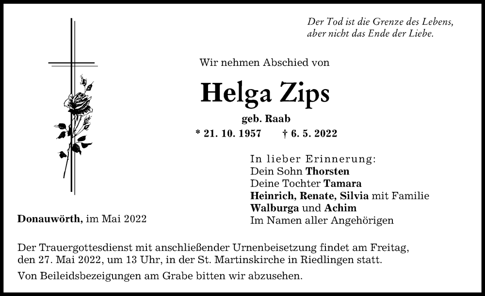 Traueranzeige von Helga Zips von Donauwörther Zeitung