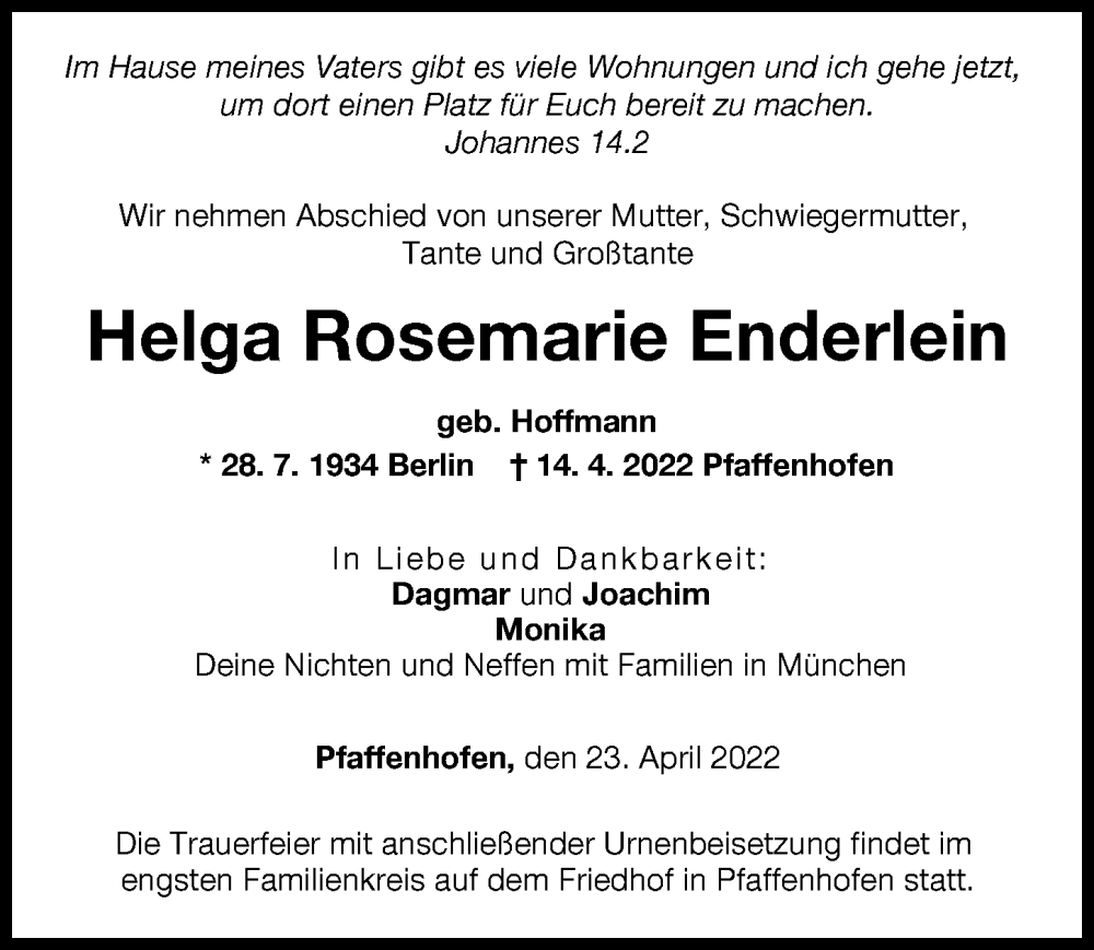 Traueranzeige von Helga Rosemarie Enderlein von Neu-Ulmer Zeitung