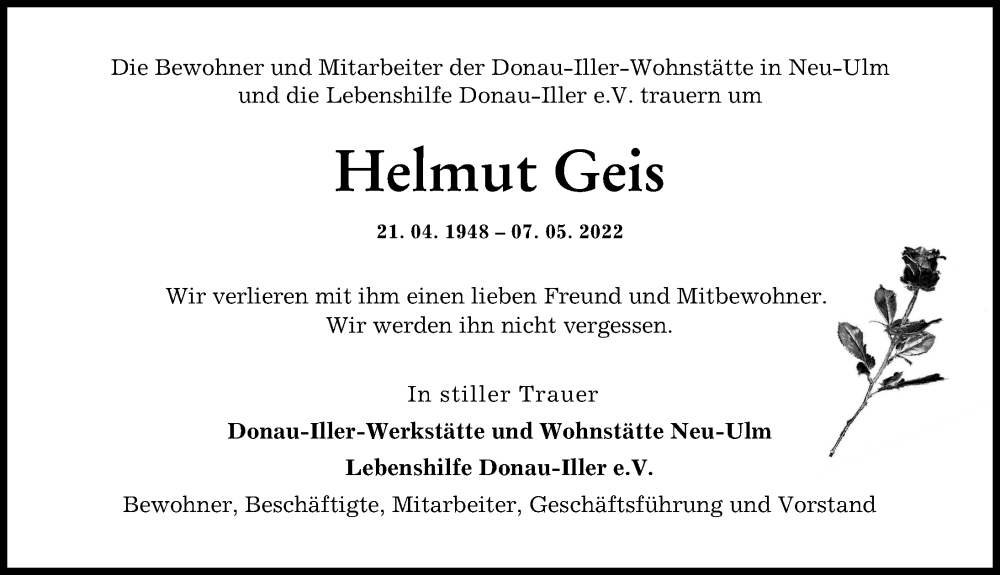 Traueranzeige von Helmut Geis von Neu-Ulmer Zeitung