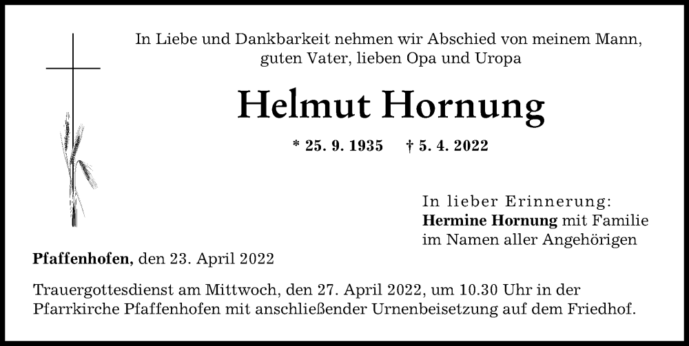 Traueranzeige von Helmut Hornung von Neu-Ulmer Zeitung