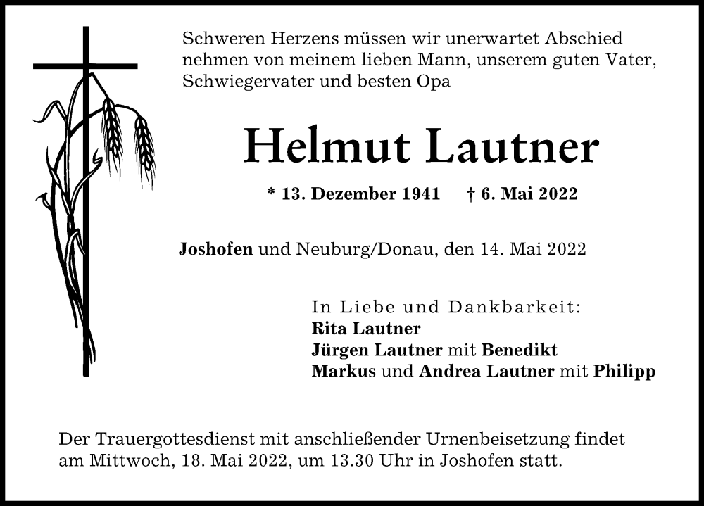  Traueranzeige für Helmut Lautner vom 14.05.2022 aus Neuburger Rundschau