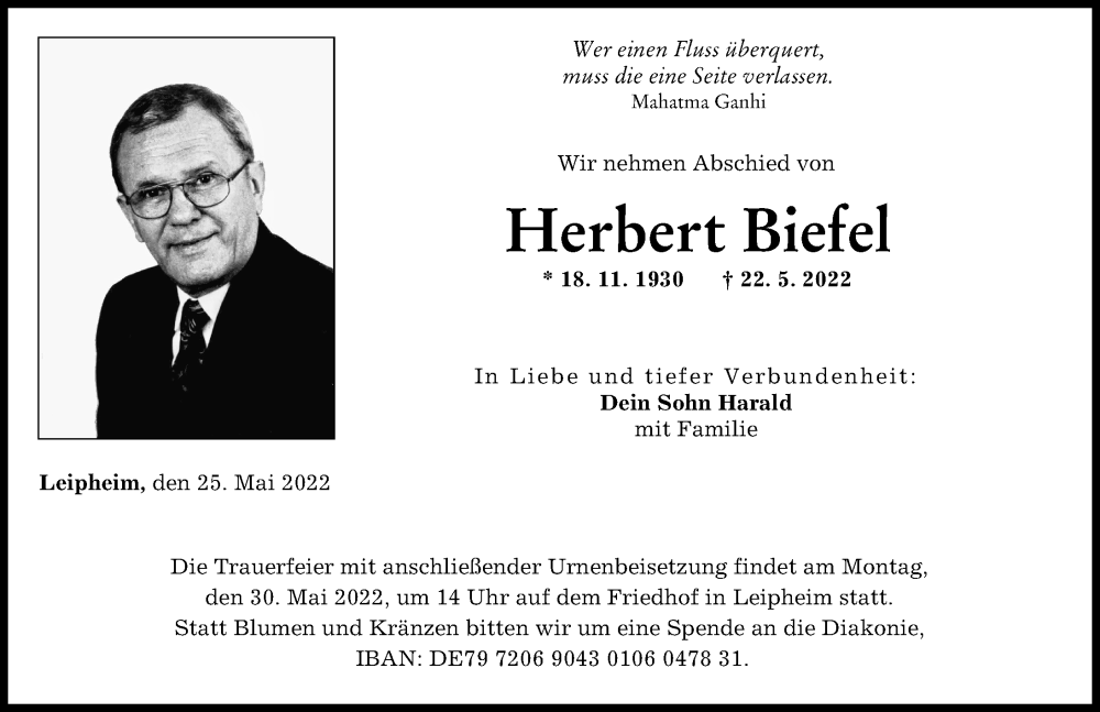 Traueranzeige von Herbert Biefel von Günzburger Zeitung