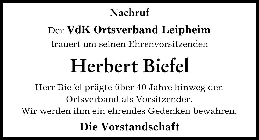 Traueranzeige von Herbert Biefel von Günzburger Zeitung