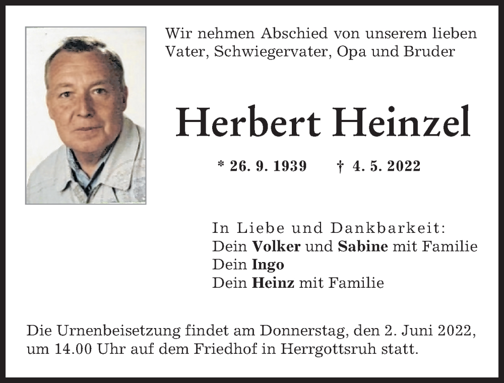 Traueranzeige von Herbert Heinzel von Friedberger Allgemeine