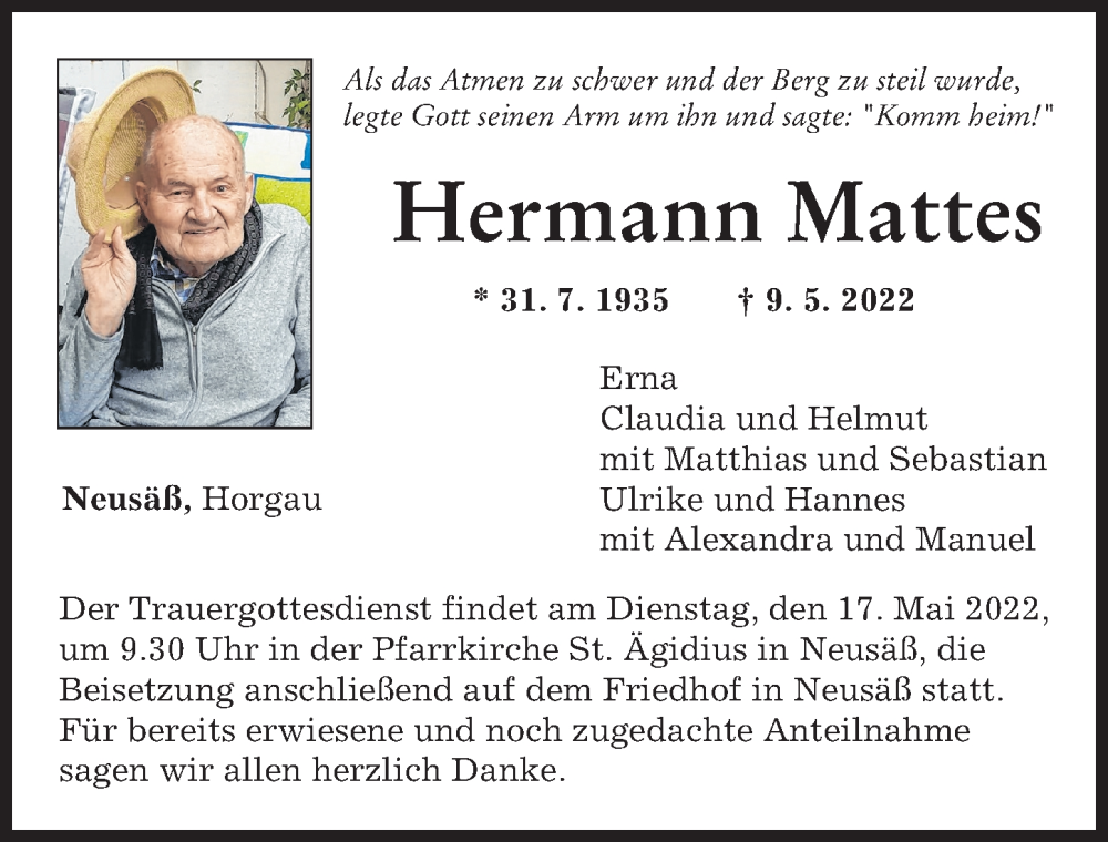 Traueranzeige von Hermann Mattes von Augsburger Allgemeine