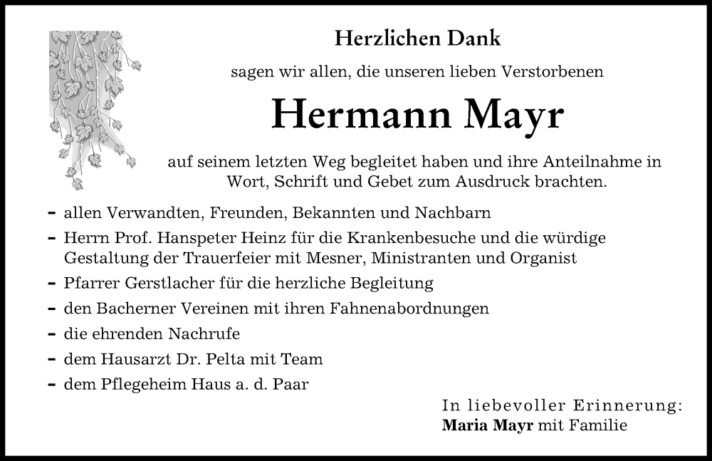 Traueranzeige von Hermann Mayr von Friedberger Allgemeine