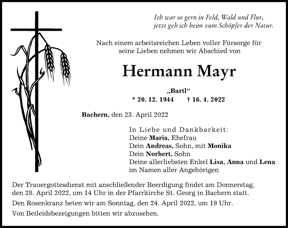 Traueranzeige von Hermann Mayr von Friedberger Allgemeine