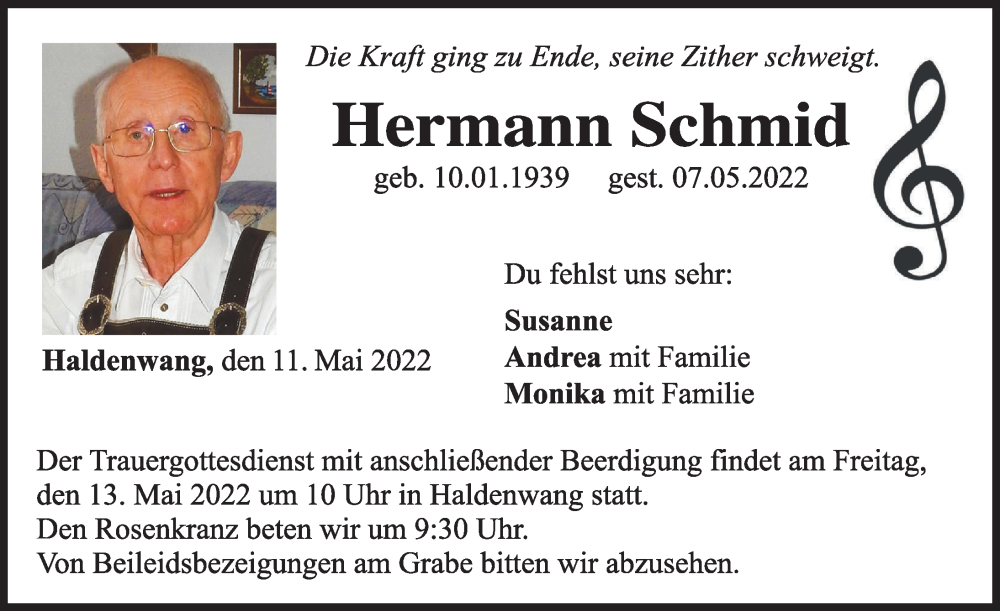 Traueranzeige von Hermann Schmid von Günzburger Zeitung
