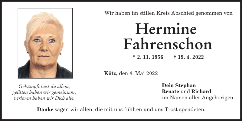 Traueranzeige von Hermine Fahrenschon von Günzburger Zeitung