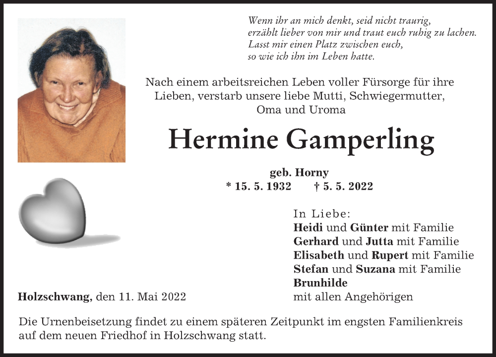 Traueranzeige von Hermine Gamperling von Neu-Ulmer Zeitung