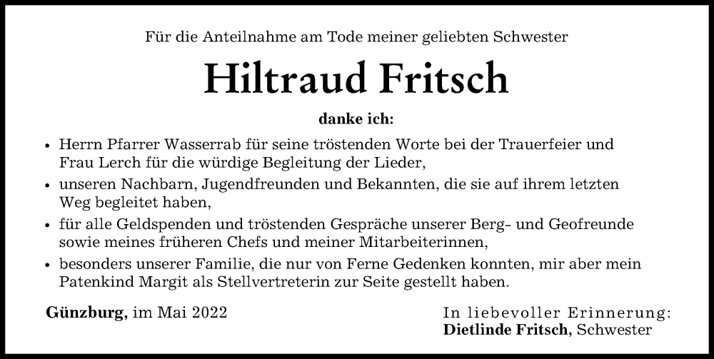  Traueranzeige für Hiltraud Fritsch vom 31.05.2022 aus Günzburger Zeitung