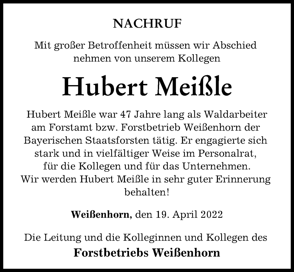 Traueranzeige von Hubert Meißle von Günzburger Zeitung, Neu-Ulmer Zeitung