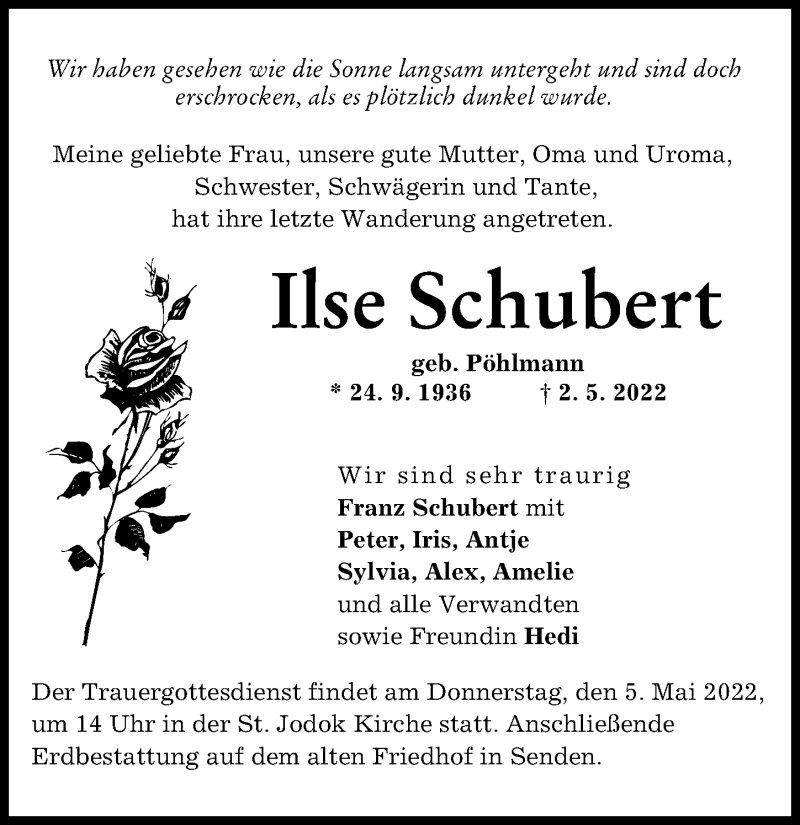 Traueranzeige von Ilse Schubert von Illertisser Zeitung, Augsburger Allgemeine, Neu-Ulmer Zeitung