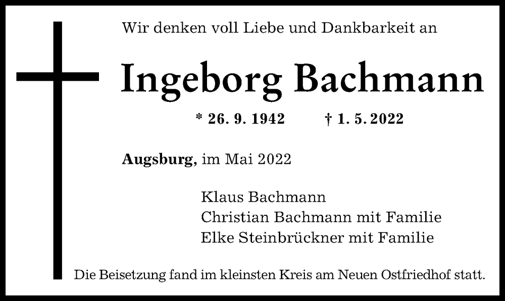 Traueranzeige von Ingeborg Bachmann von Augsburger Allgemeine