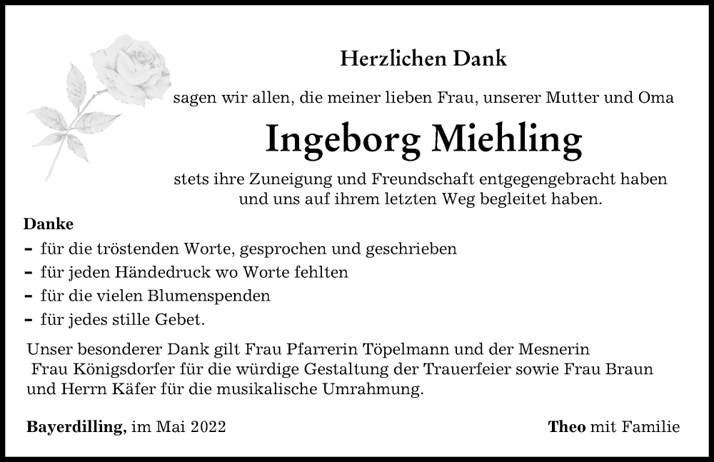 Traueranzeige von Ingeborg Miehling von Donauwörther Zeitung