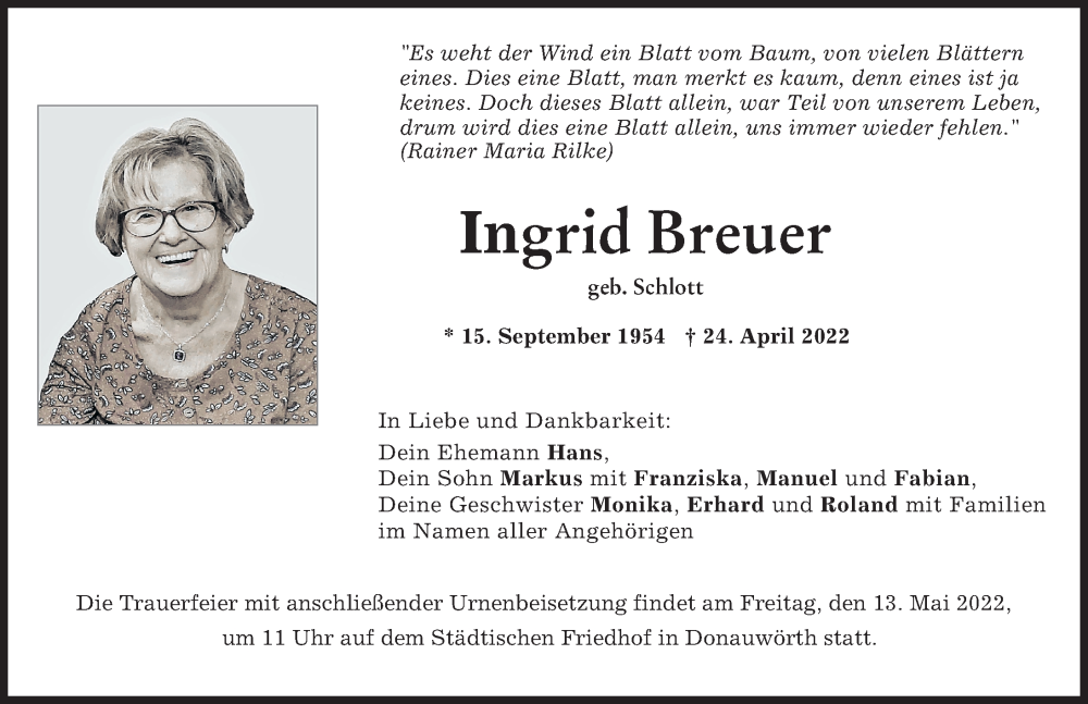 Traueranzeige von Ingrid Breuer von Donauwörther Zeitung