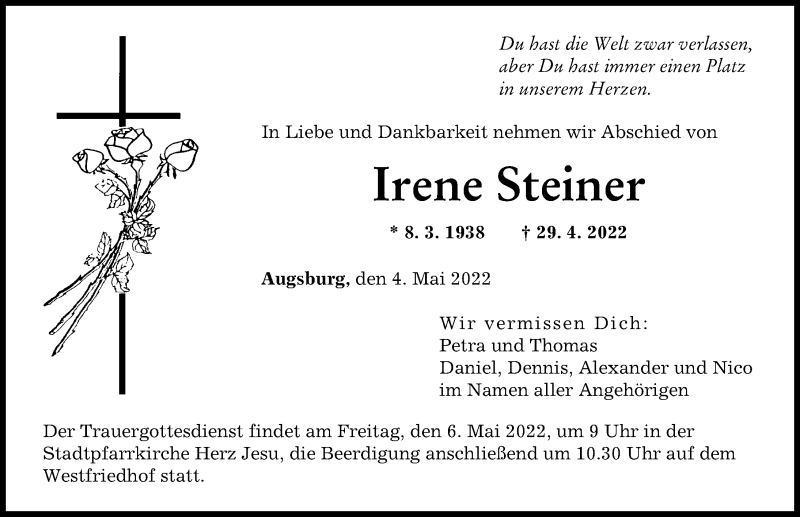 Traueranzeige von Irene Steiner von Augsburger Allgemeine