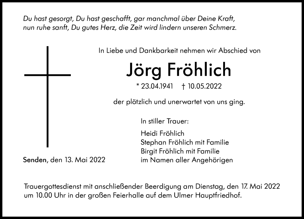 Traueranzeige von Jörg Fröhlich von Augsburger Allgemeine, Neu-Ulmer Zeitung