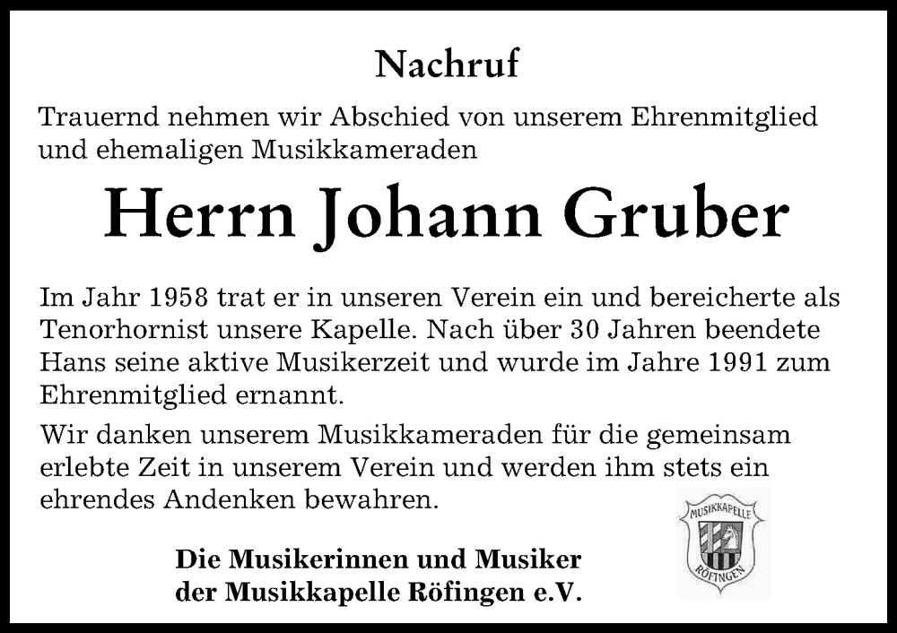 Traueranzeige von Johann Gruber von Günzburger Zeitung