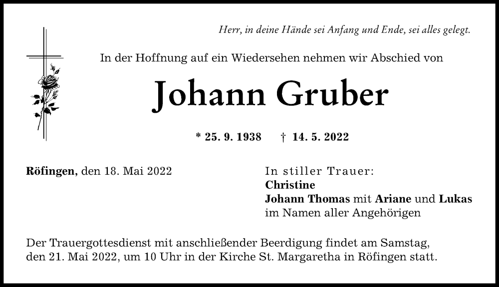 Traueranzeige von Johann Gruber von Günzburger Zeitung