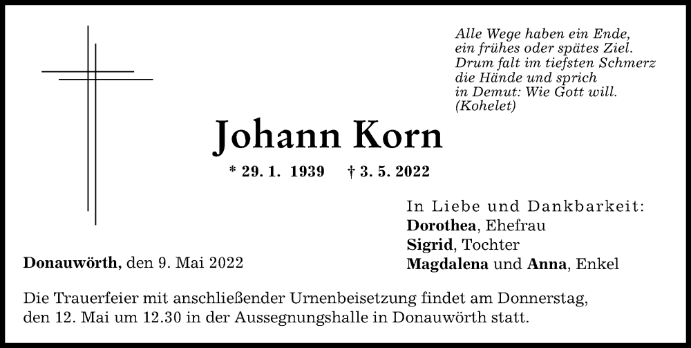 Traueranzeige von Johann Korn von Donau Zeitung