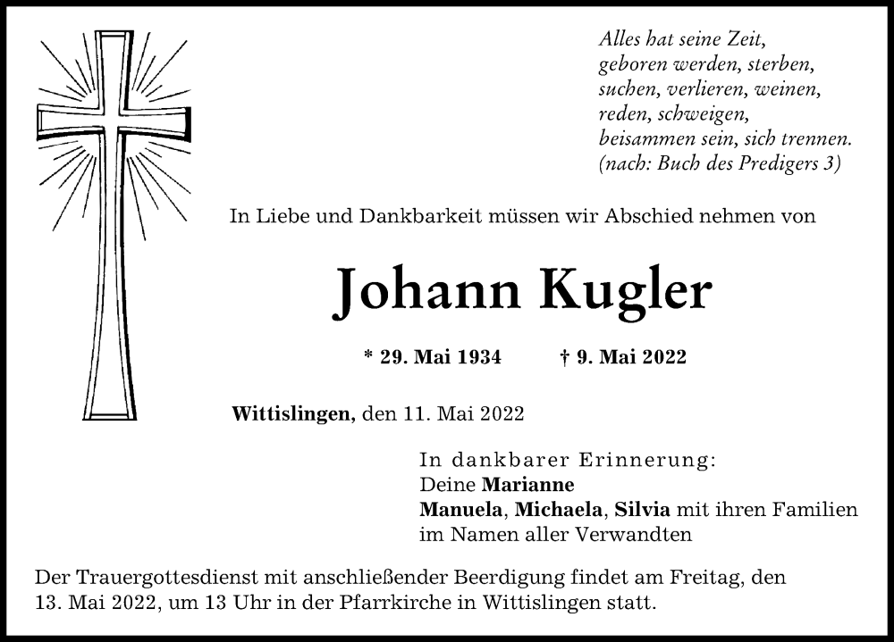 Traueranzeige von Johann Kugler von Donau Zeitung