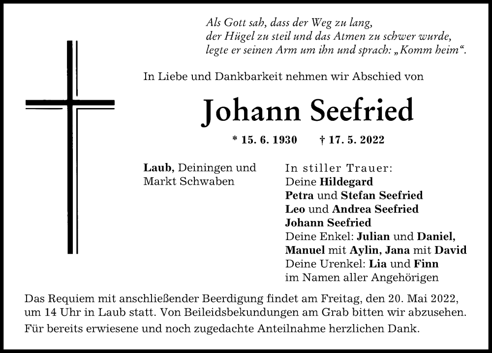  Traueranzeige für Johann Seefried vom 19.05.2022 aus Rieser Nachrichten