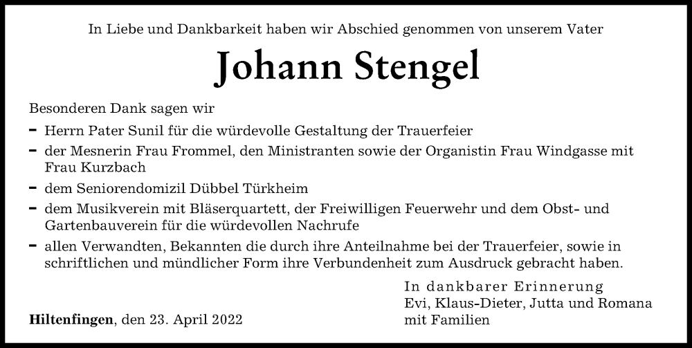 Traueranzeige von Johann Stengel von Schwabmünchner Allgemeine