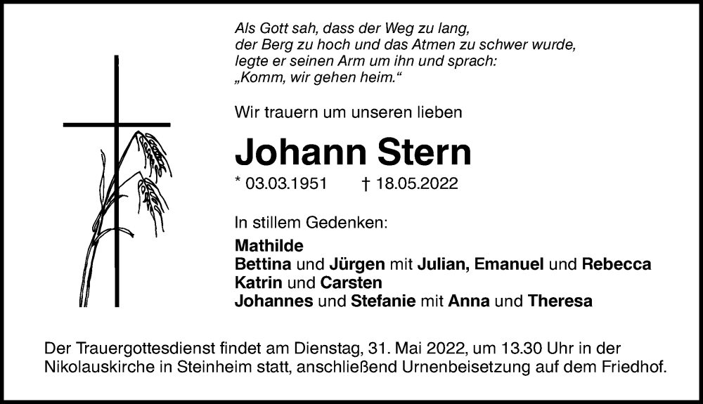 Traueranzeige von Johann Stern von Augsburger Allgemeine, Neu-Ulmer Zeitung