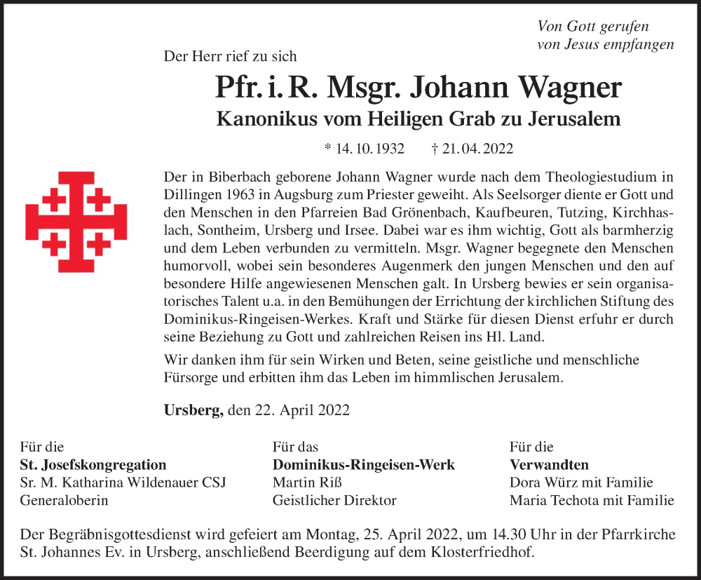 Traueranzeige von Johann Wagner von Augsburger Allgemeine