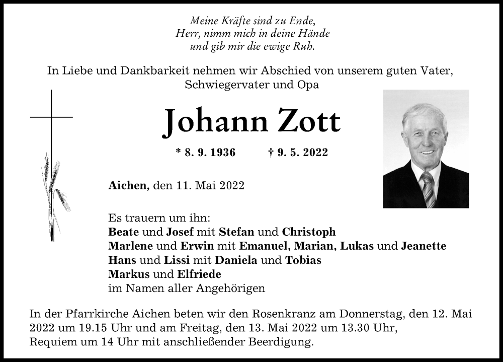 Traueranzeige von Johann Zott von Mittelschwäbische Nachrichten