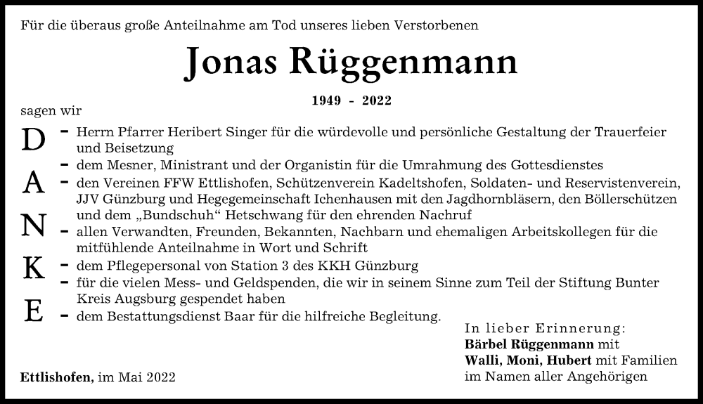 Traueranzeige von Jonas Rüggenmann von Neu-Ulmer Zeitung