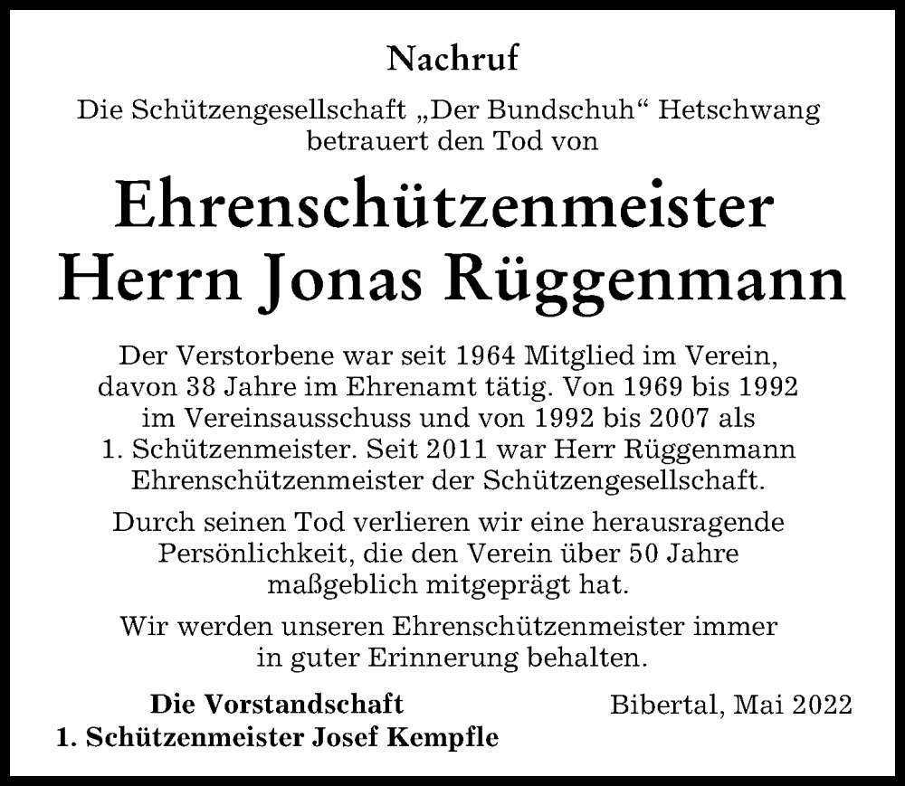 Traueranzeige von Jonas Rüggenmann von Günzburger Zeitung