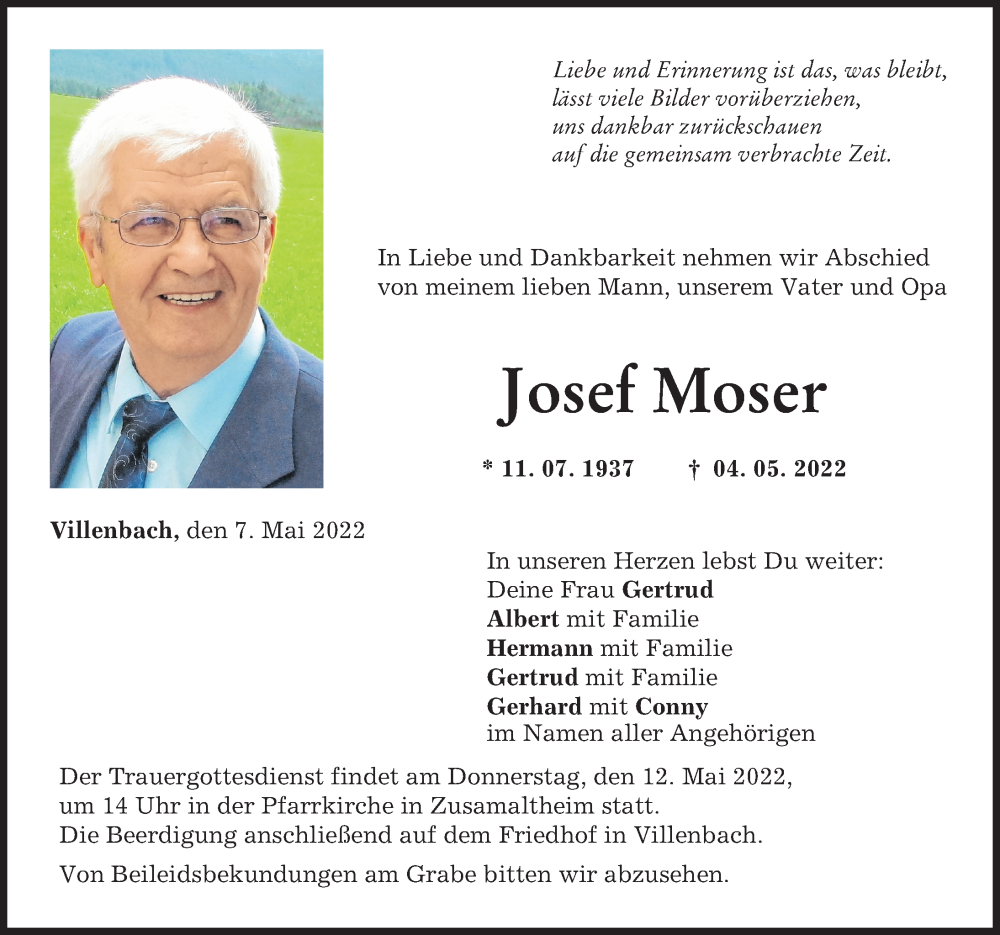 Traueranzeige von Josef Moser von Wertinger Zeitung, Augsburg-Land