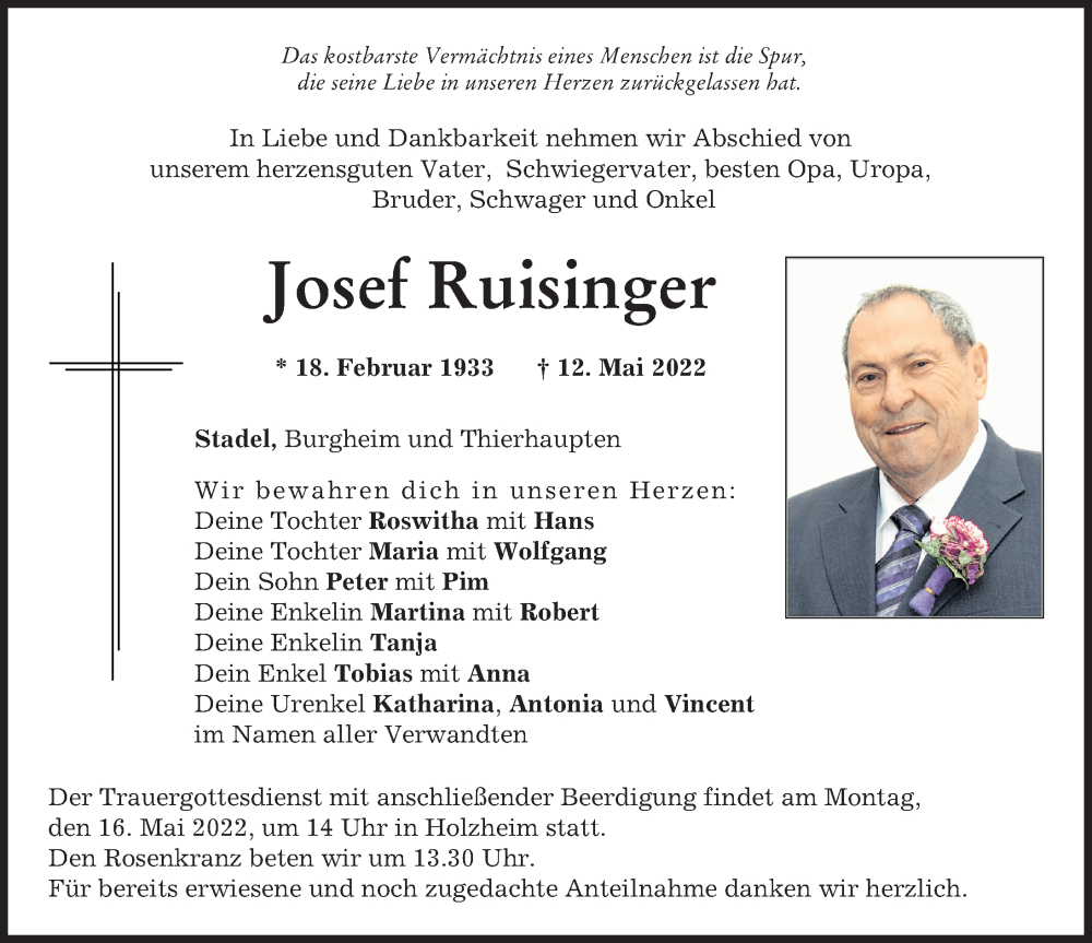  Traueranzeige für Josef Ruisinger vom 14.05.2022 aus Donauwörther Zeitung