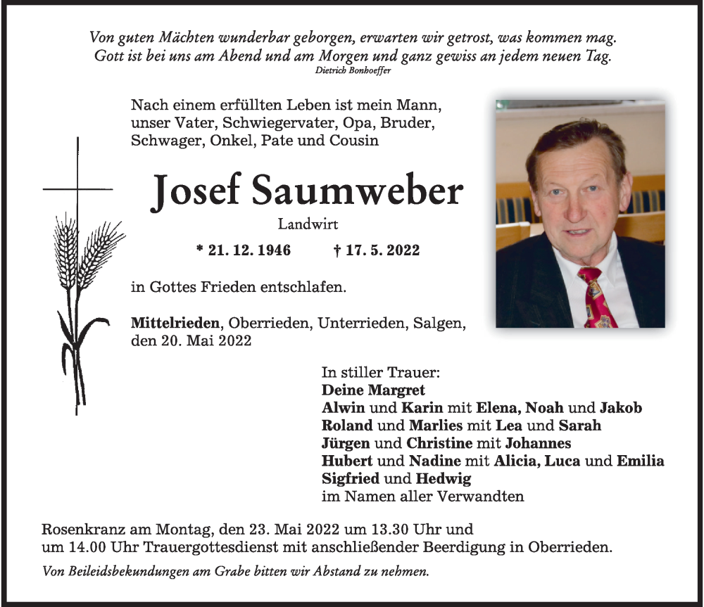  Traueranzeige für Josef Saumweber vom 20.05.2022 aus Mindelheimer Zeitung