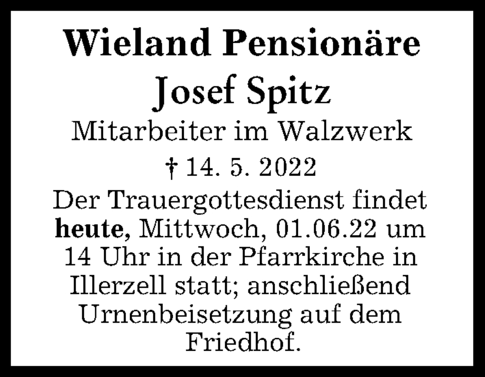 Traueranzeige von Josef Spitz von Illertisser Zeitung, Neu-Ulmer Zeitung