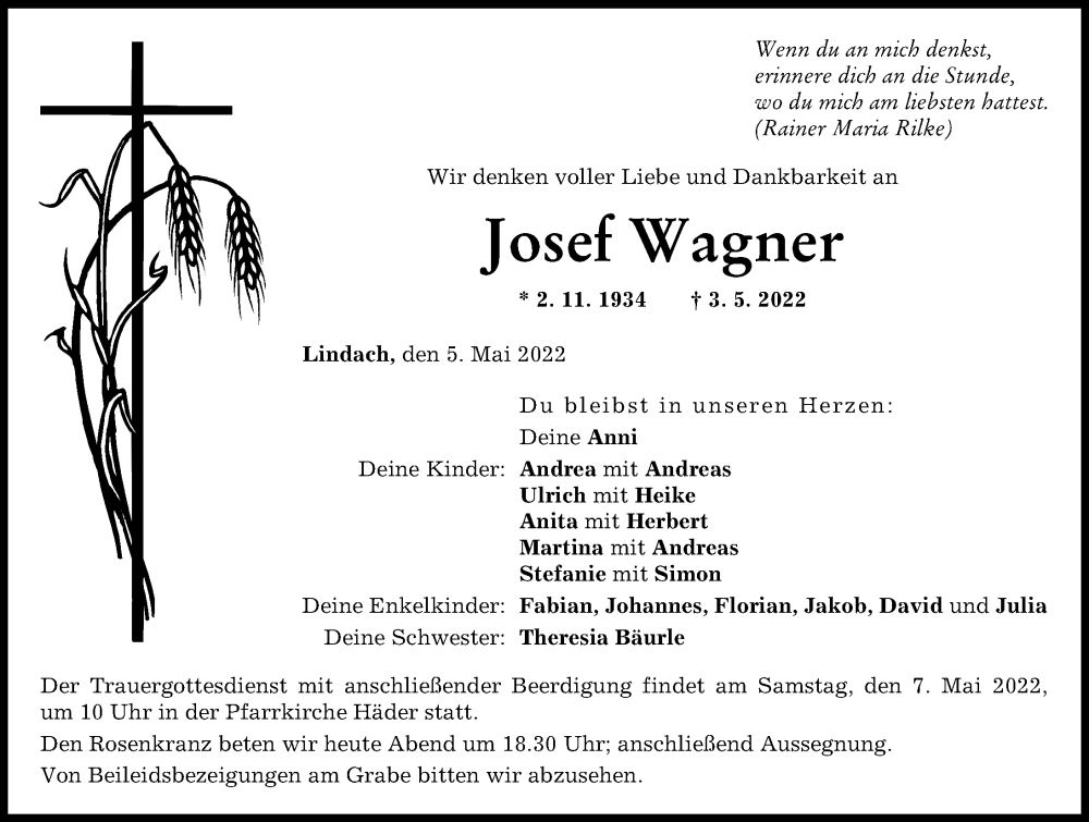 Traueranzeige von Josef Wagner von Augsburg-Land